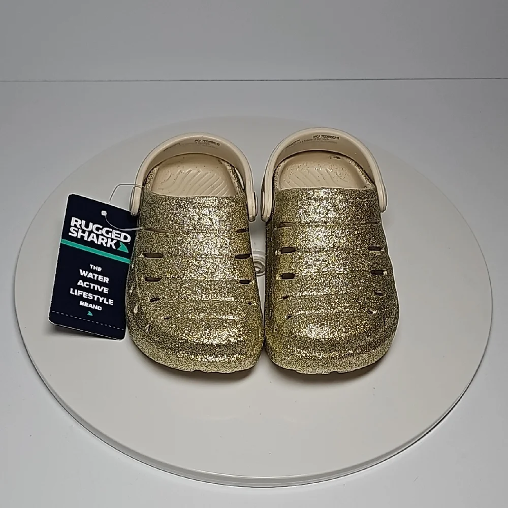 Rugged Shark Gold Glitter Clogs Toddler 7/8 NWT Lightweight Slip On Play Shoes